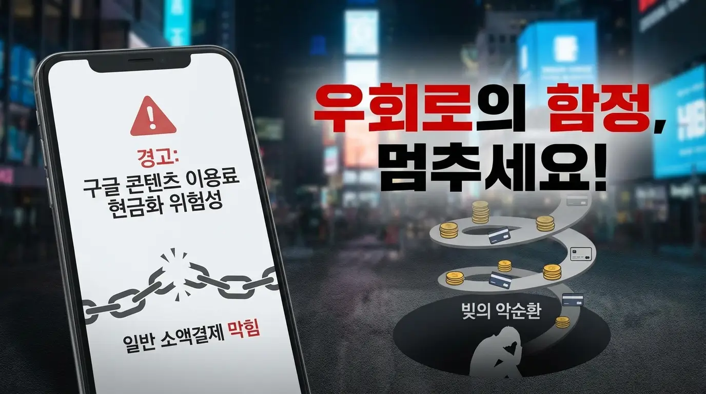 일반 소액결제가 막혔을 때 우회로로 쓰이는 구글 콘텐츠 이용료 현금화의 위험성과 빚의 악순환을 경고하는 이미지