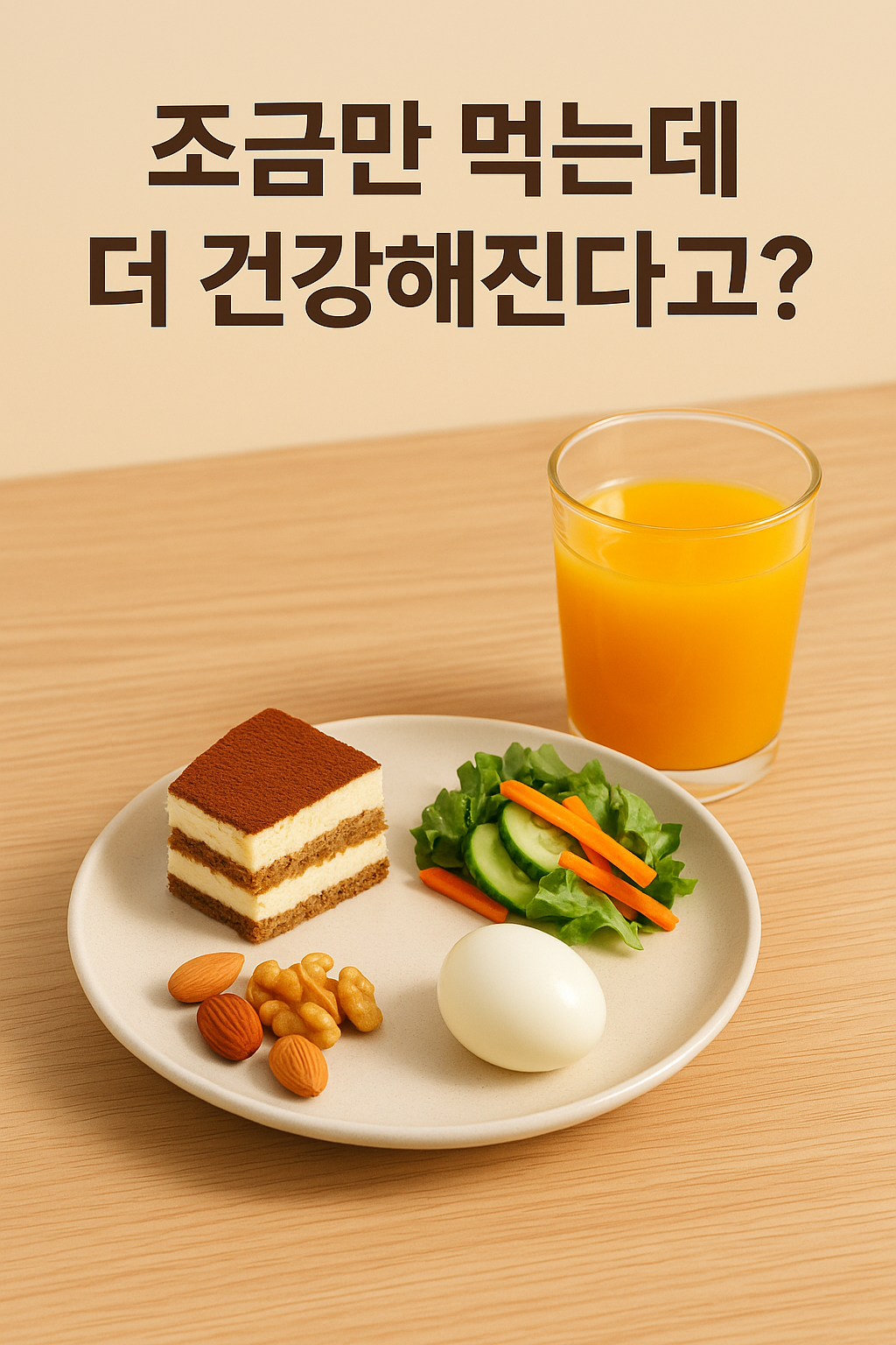 티라미수, 삶은 달걀, 샐러드, 견과류, 주스로 구성된 초절식 건강 식단과 '조금만 먹는데 더 건강해진다고?'라는 텍스트가 적힌 건강한 식사 썸네일 이미지