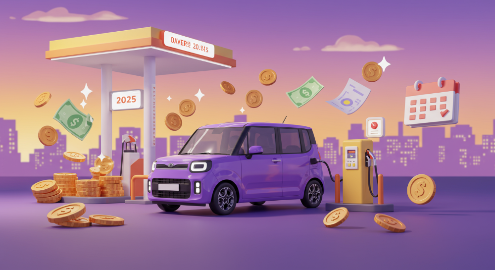 2025년 경차 유류세 환급 혜택을 상징하는 이미지. 경차 주변에 돈과 캘린더가 떠다니며 주유 중인 모습을 보여줍니다.