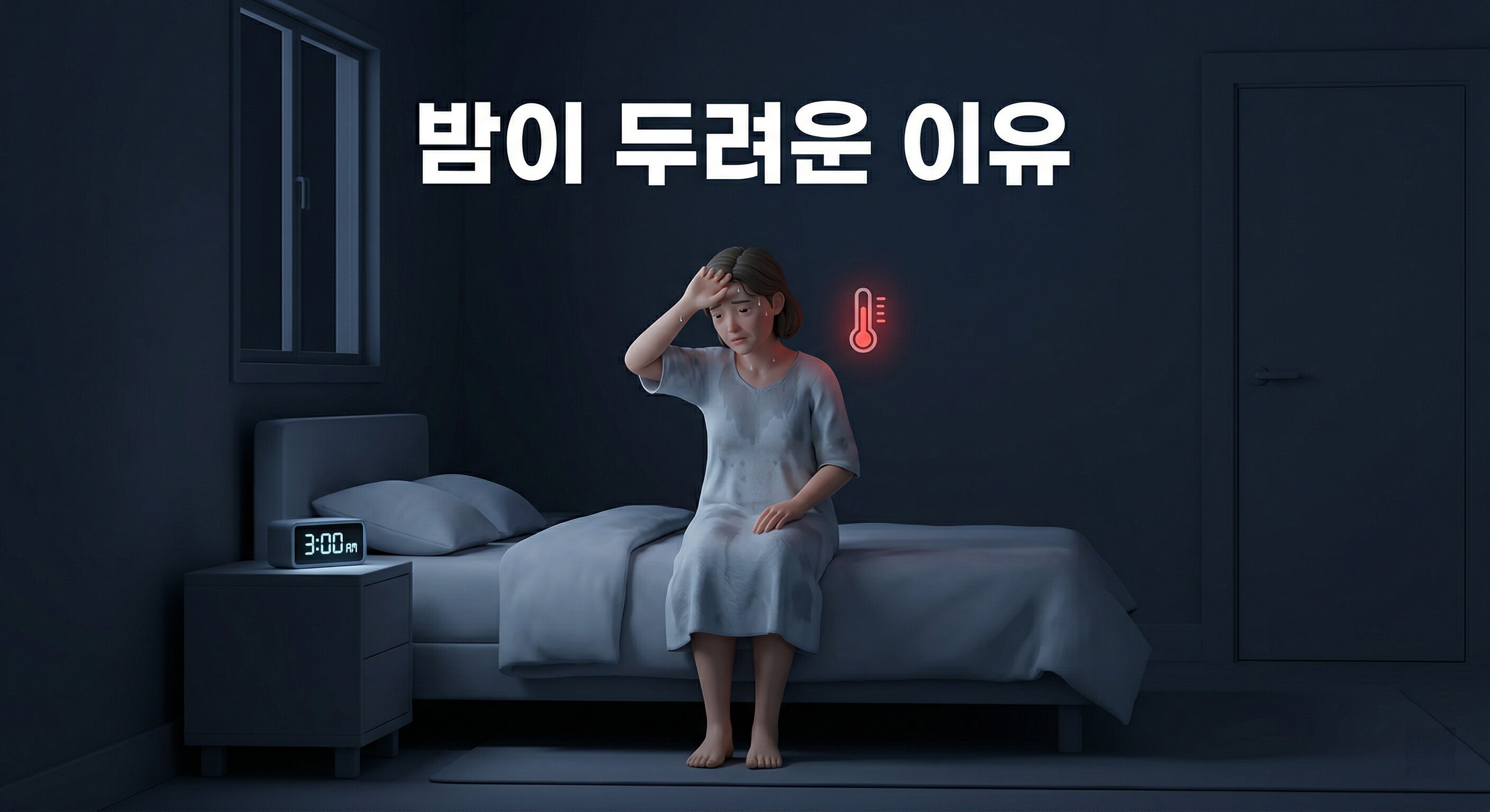 어두운 방 침대에 앉아 새벽 3시 알람시계와 붉은 온도계를 바라보는 지친 여성 배경에 '밤이 두려운 이유'라는 한글 문구가 중앙에 적힌 3D 일러스트