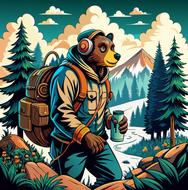 곰을 인간형으로 만든 그림이며 캠핑을 하러 산을 오르는 그림