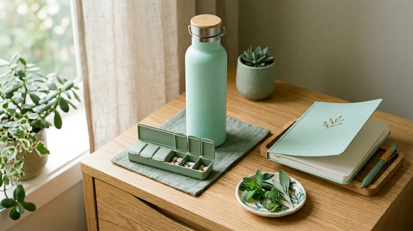 통풍 관리 루틴을 정리한 체크리스트와 물병, 약통