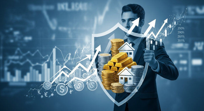 물가 상승 시대를 헤쳐나가는 사람이 주식, 금, 부동산으로 구성된 방패로 자산을 보호하는 모습. 경제 데이터와 그래프가 배경에 흐릿하게 보인다.
