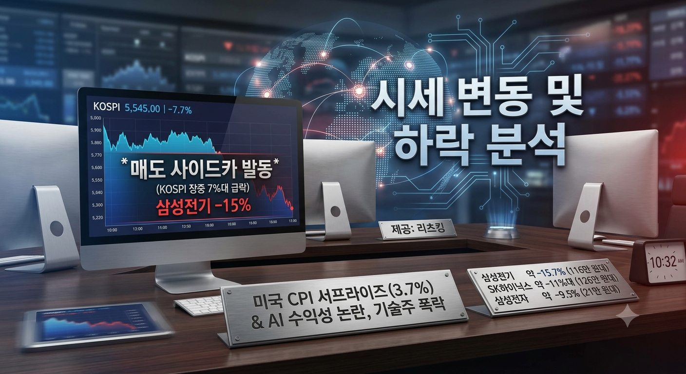 2026년 10월 15일 코스피 장중 7%대 급락 매도 사이드카 발동과 삼성전기 -15% 하락 시세 분석 이미지