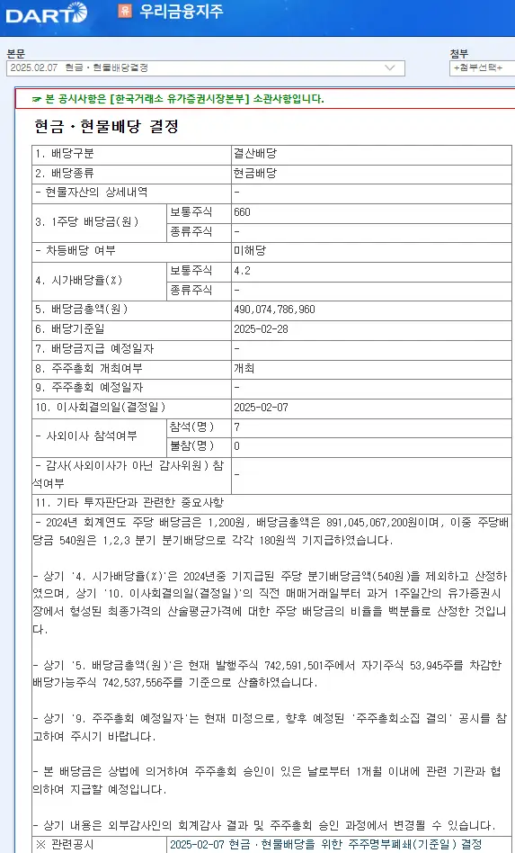 우리금융지주(316140) 2025년 배당금, 배당일, 배당락일