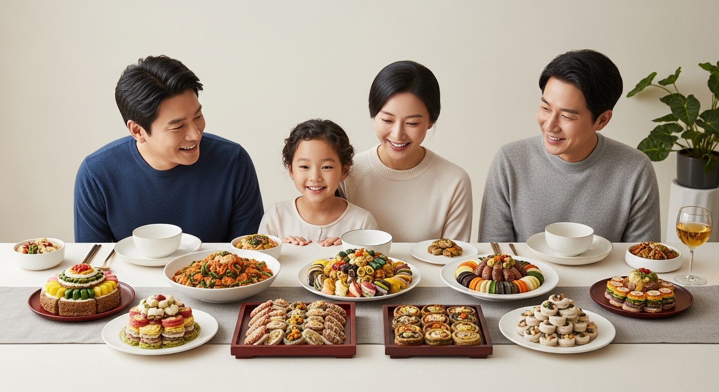 지역 특색 밀키트로 차려진 간소화된 2026년 설날 차례상 혹은 명절 식탁의 아름다운 모습.