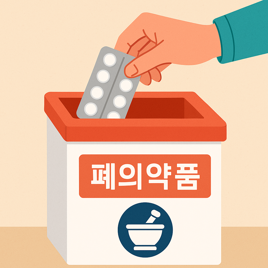 손이 약 포장지를 약국의 폐의약품 수거함에 버리는 장면을 묘사한 일러스트 이미지