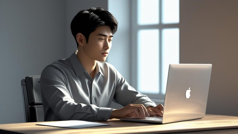 컴퓨터에서 설를 업로드하고 있는 젊은 남성