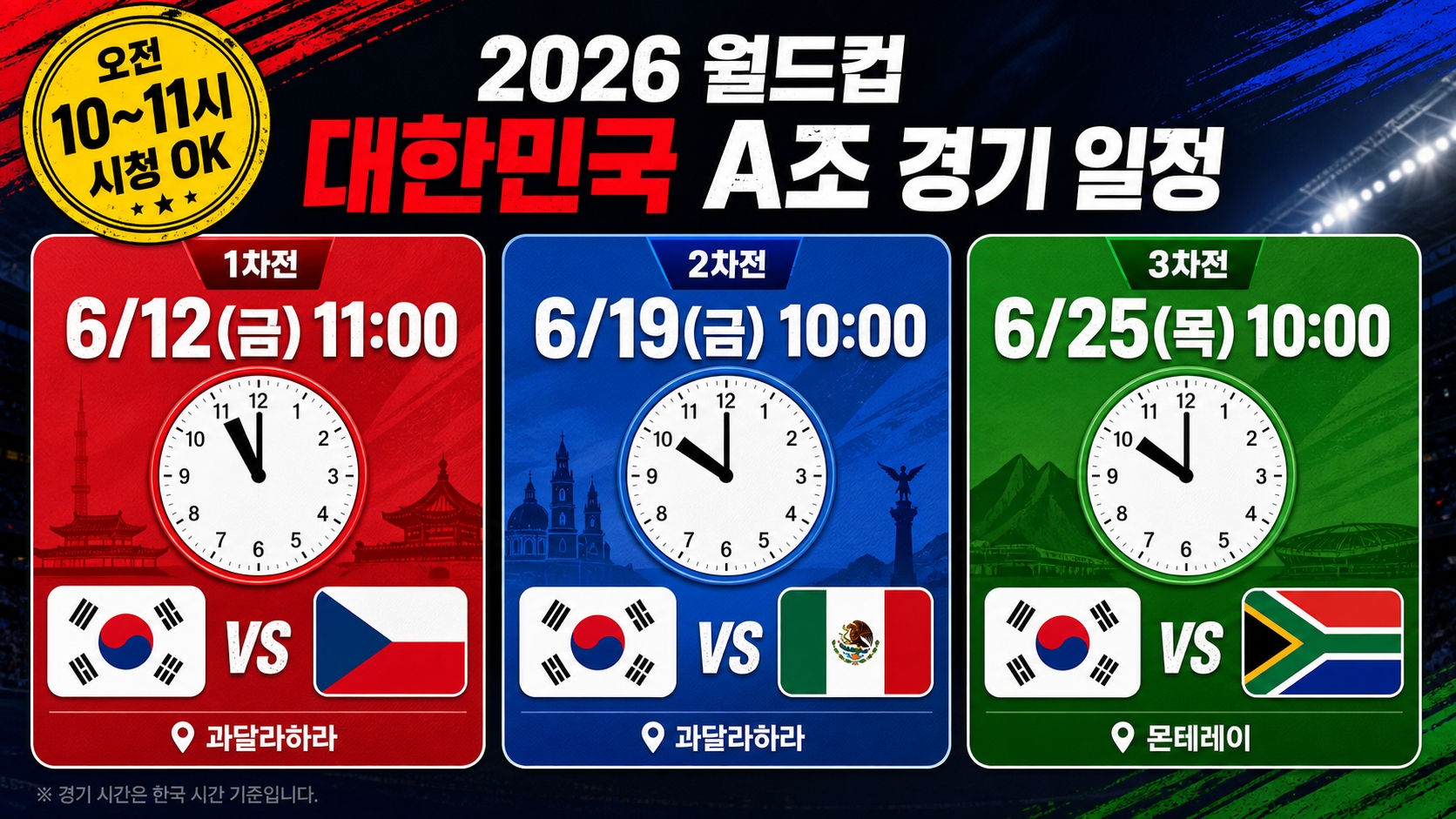 2026 월드컵 한국 A조 3경기 한국시간 일정표 - 6월 12일 19일 25일 오전 10~11시 킥오프