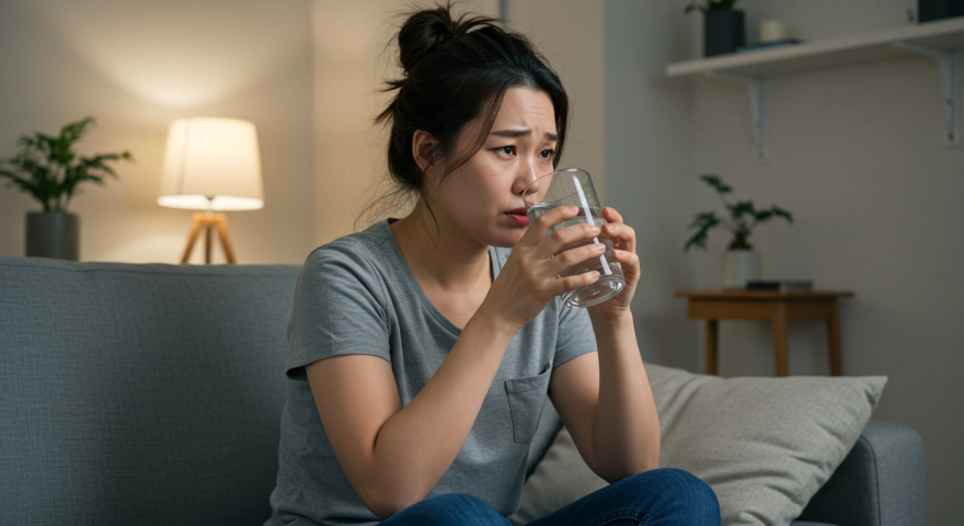 물을 계속 마시며 피곤해하는 한국인 여성