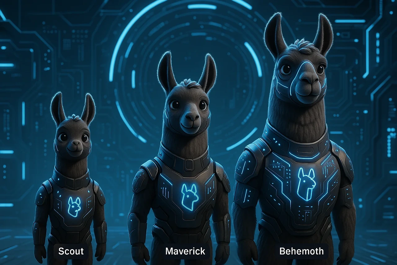 메타 Llama 4 AI 모델 시각화. 세 개의 다른 크기의 라마 캐릭터(Scout, Maverick, Behemoth)가 첨단 기술적 배경 앞에 서 있음.