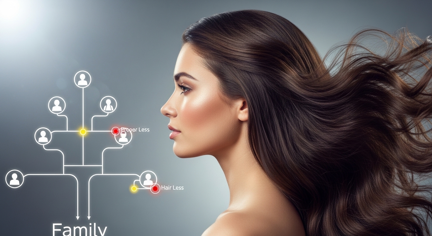 풍성한 머리카락을 가진 여성과 흐릿하게 보이는 가계도 이미지. 유전적 요인을 시사합니다.