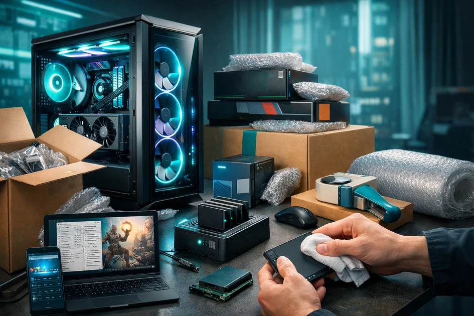 RGB 조명이 켜진 고성능 게이밍 PC 본체와 포장 박스, 데이터 삭제 장비 옆에서 SSD를 닦으며 중고PC 매입 처분을 준비하는 장면