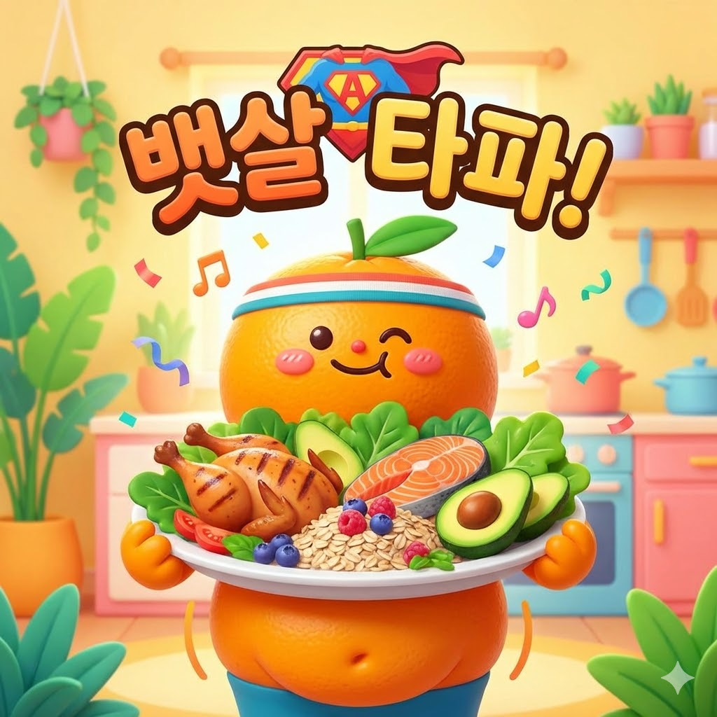 활기찬 표정의 귀여운 캐릭터가 닭가슴살, 연어, 귀리, 베리류, 아보카도 등 뱃살 감소에 좋은 건강 식품들을 들고 있는 3D 카툰 일러스트.