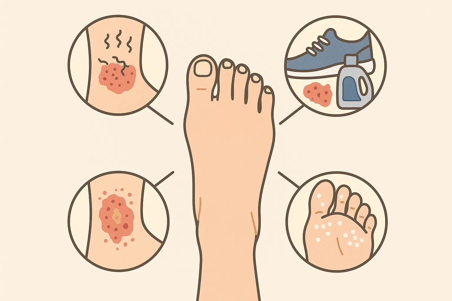 피부 건조증(건조한 피부 아이콘), 접촉성 피부염(신발·세제 아이콘), 아토피(붉어진 피부와 진물 아이콘), 무좀(물집과 각질 아이콘)