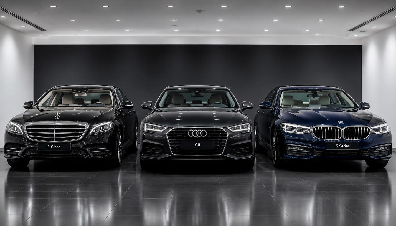 Three latest generation luxury executive sedans&mdash;Mercedes-Benz E-Class, BMW 5 Series, and Audi A6&mdash;parked side by side in a modern showroom.