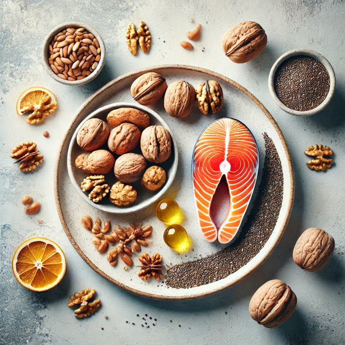 오메가-3가 풍부한 음식: 연어&amp;#44; 호두&amp;#44; 치아씨드 등 오메가-3가 포함된 음식을 세련되게 담은 이미지.