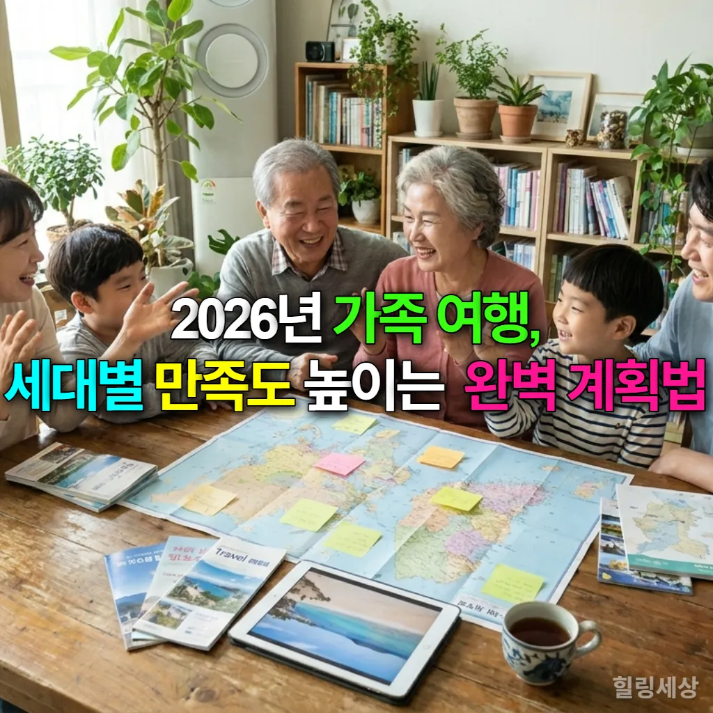 거실 테이블에 지도를 펼쳐놓고 즐겁게 여행 계획을 세우는 한국인 다세대 가족의 모습