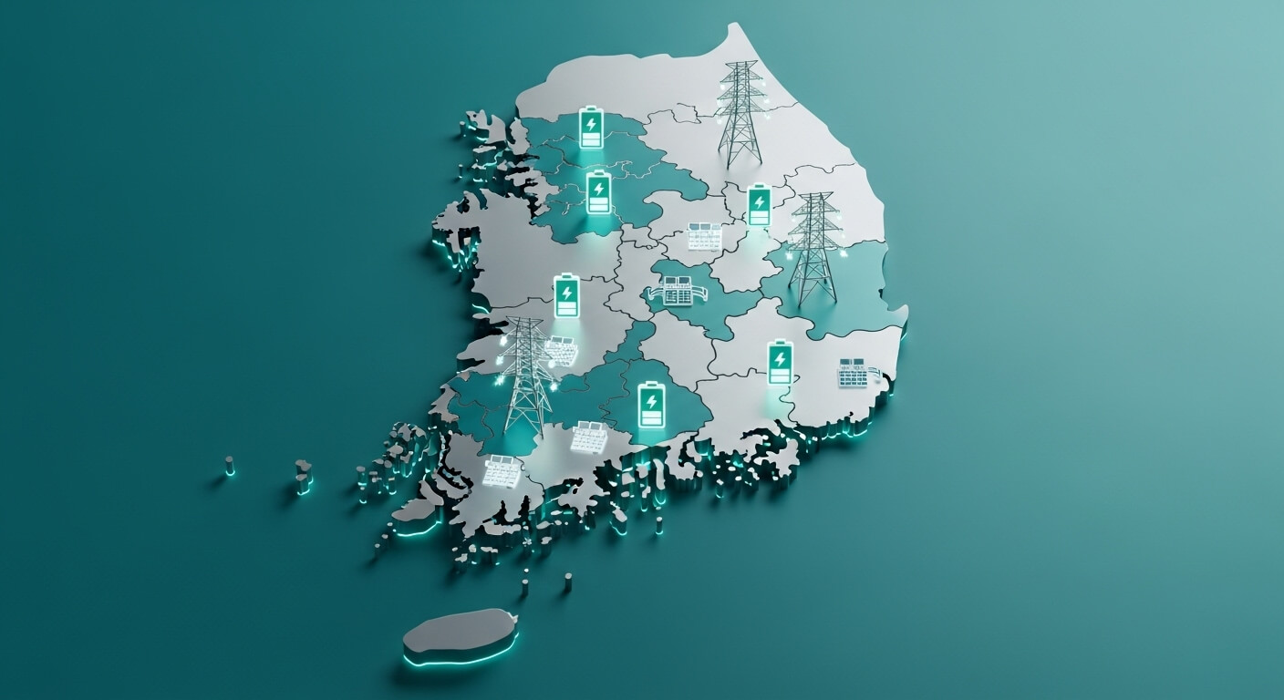 한국지도위에전기충전표시가 나있고송전탕이있다