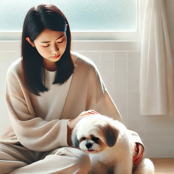 작은 강아지를 바닥에서 다정하게 토닥이며 걱정하는 젊은 동양 여성