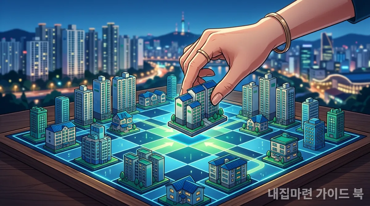 체스판 위에서 청약 전략을 세우는 손과 아파트 모형