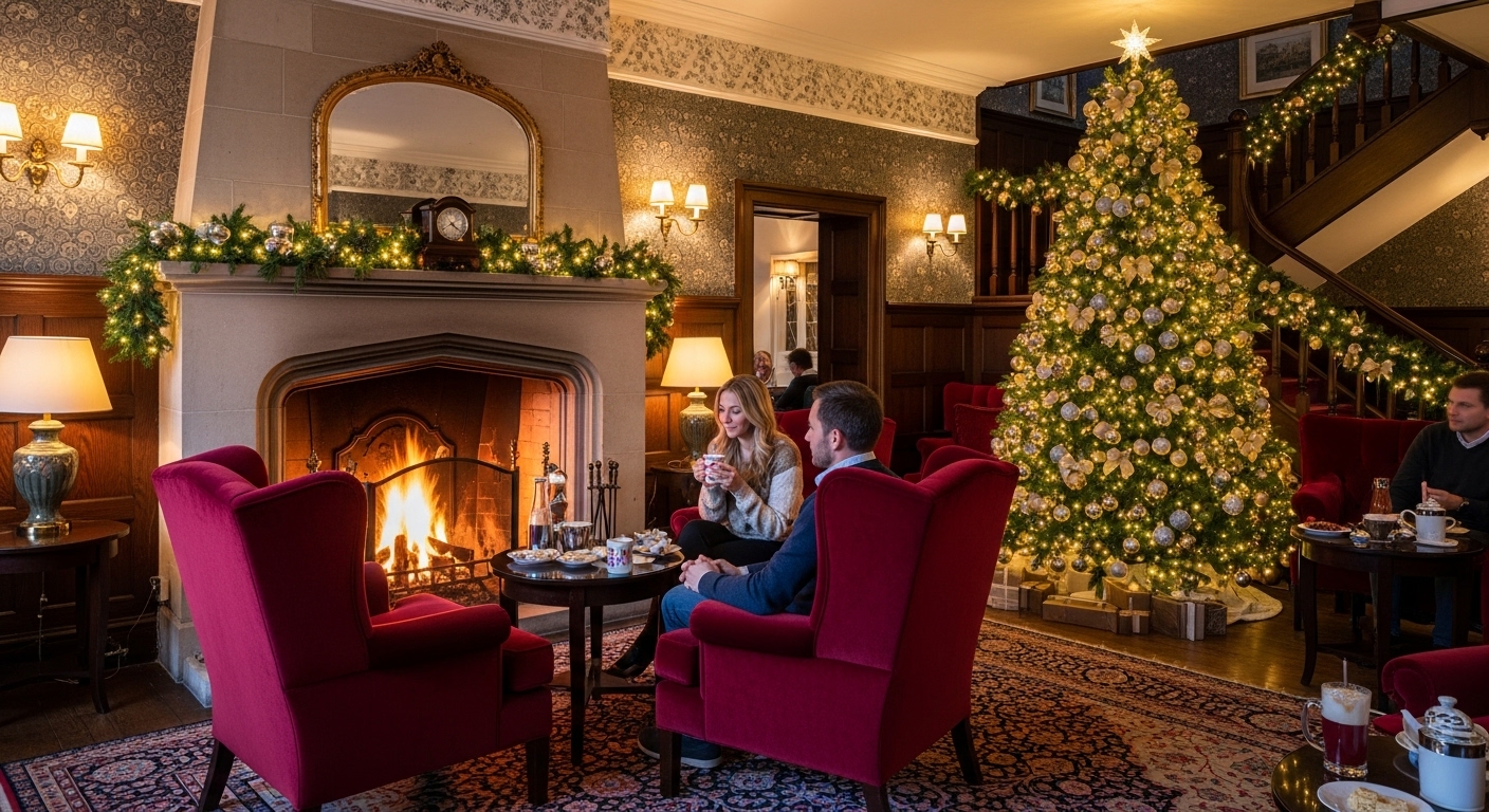 아늑한 벽난로와 크리스마스 장식으로 꾸며진 고급스러운 호텔 라운지.