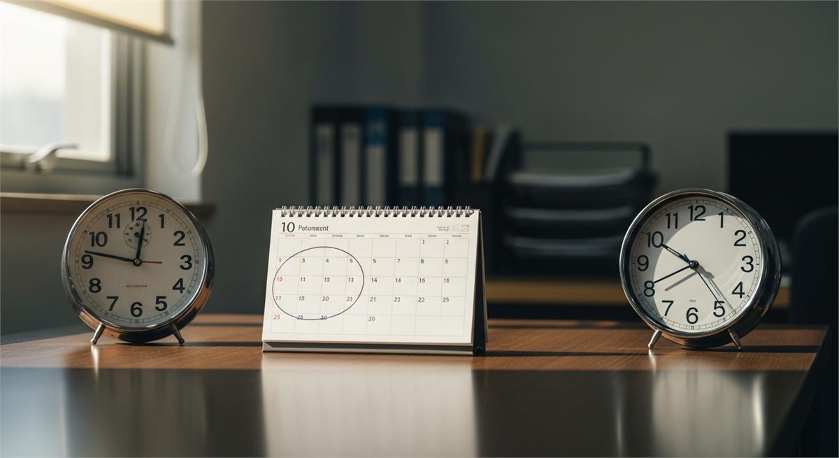 정년과 연금 시작 시점 차이를 상징하는 시계와 달력 장면