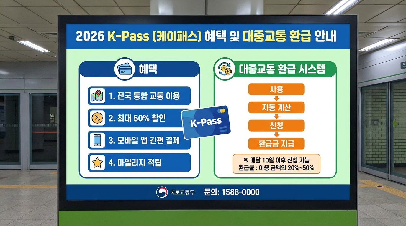 26년형 K-패스 카드 혜택과 대중교통 환급금을 설명하는 디지털 이미지