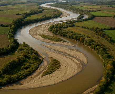 강의 퇴적을 통해 토사가 축적되고 물길이 변화하는 모습