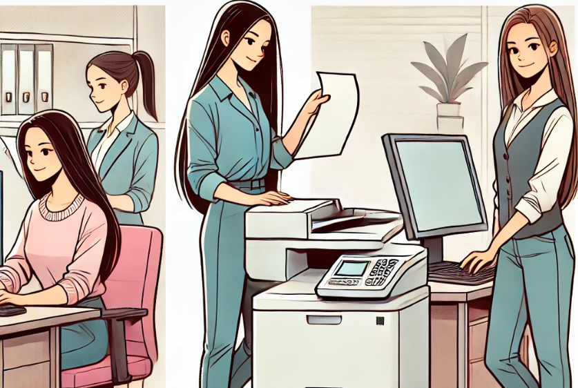 20대 여성이 직장에서 일을 하고 있다, 컴퓨터 앞에서, 복사기 앞에서, 모니터 앞에서 ..