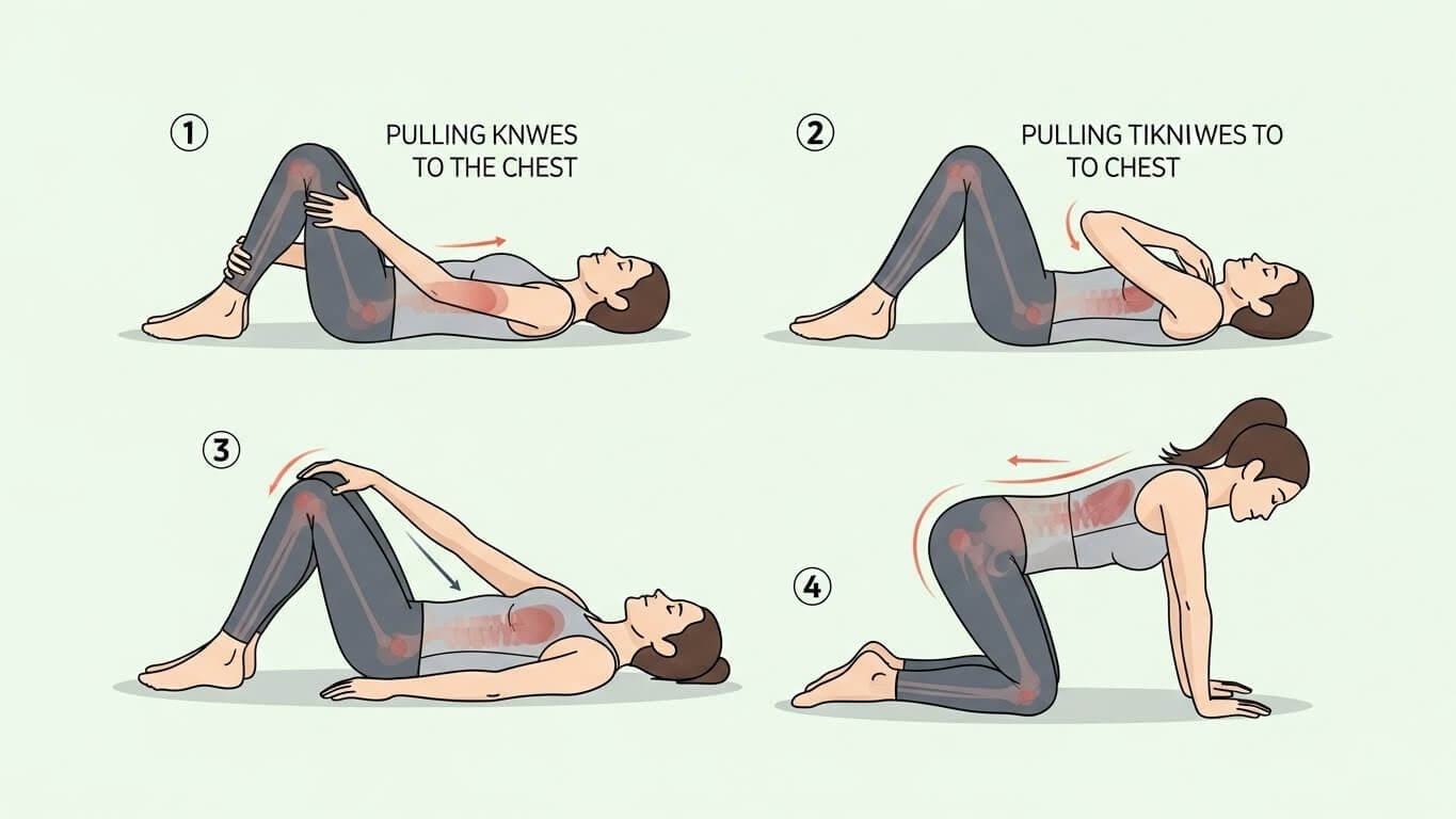 허리 통증 완화를 위한 스트레칭 4단계 튜토리얼 일러스트, 무릎 당기기&middot;척추 이완 자세 안내