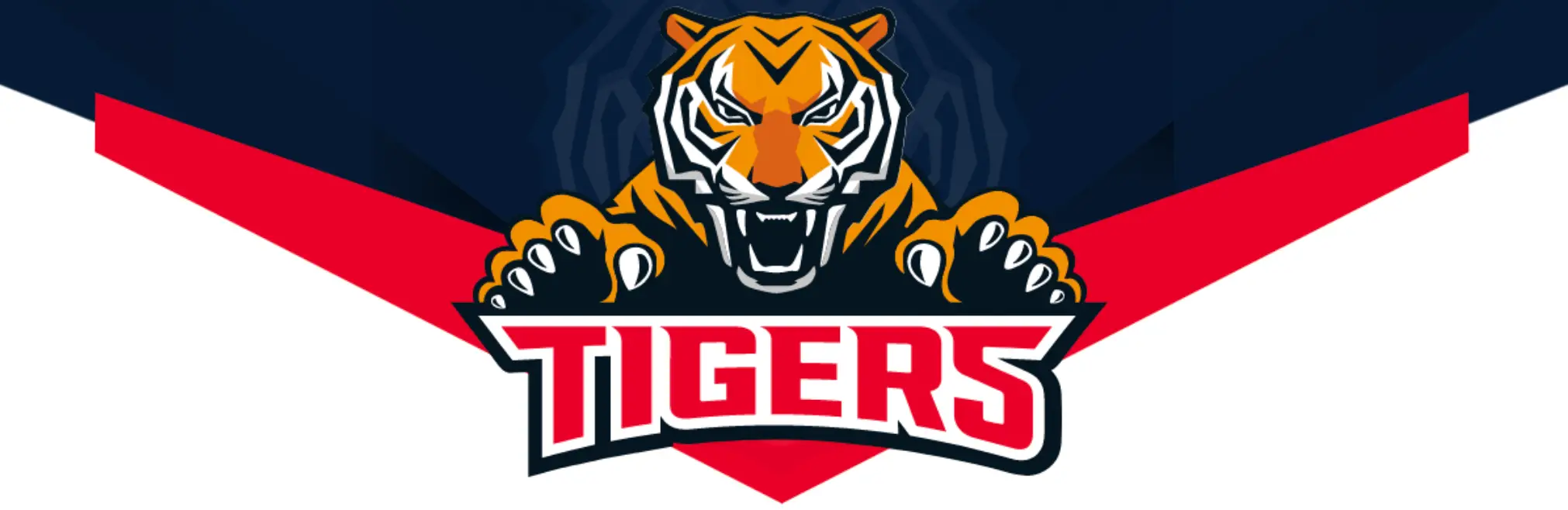 파란 역삼각형 아래 빨간색 V자 가운데 검은테두리 안 흰테두리 안 뿕은글씨 TIGERS 위 황금색 어흥대는 호랑이