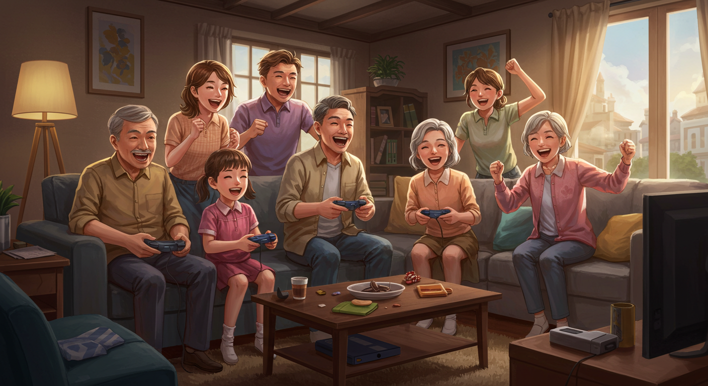 다양한 연령대의 사람들이 게임을 즐기며 웃고 있는 따뜻한 이미지