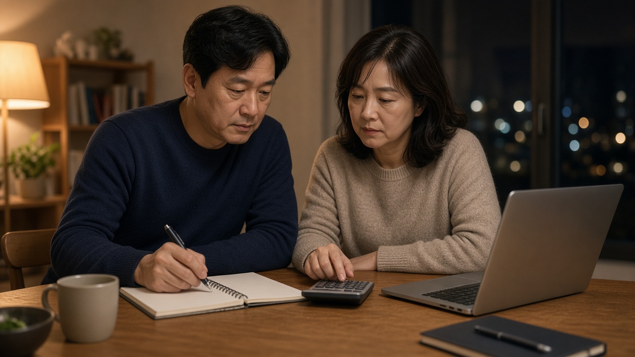 밤 식탁에서 계산기와 노트, 노트북으로 투자 자금 배분을 함께 계산하는 한국인 40대 부부