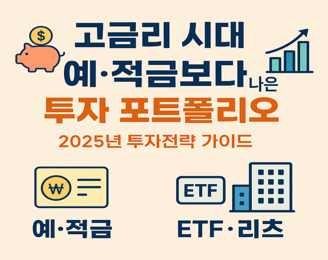 2025년 고금리 시대, 예금보다 나은 투자법! 배당주&middot;ETF&middot;리츠 등 안전하면서도 수익률 높은 포트폴리오 구성법을 한눈에 정리했습니다.