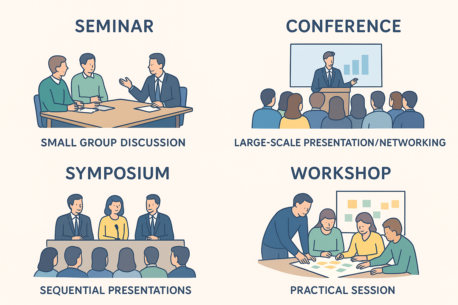 세미나, 컨퍼런스, 심포지움, 워크샵 특성 설명 이미지