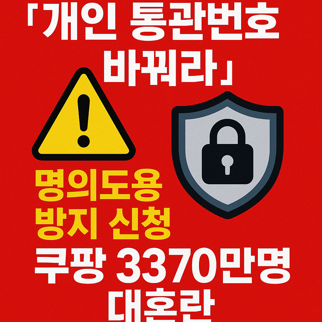 쿠팡 개인정보 유출 이후 개인 통관번호 변경과 명의도용 방지 방법을 강조한 경고형 뉴스 썸네일 이미지