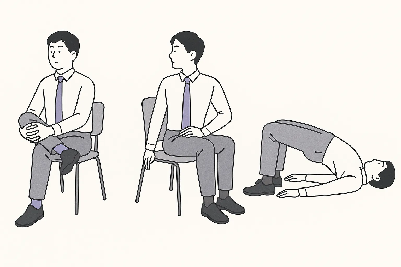 의자에 앉아서 할 수 있는 이상근 스트레칭과 허리 비틀기, 바닥에 누워서 하는 브릿지 자세 교정 스트레칭 3종 일러스트