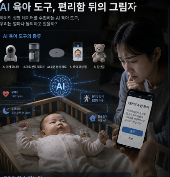 엄마가 ai에게 육아 조언을 구하여 아이를 기르는 모습