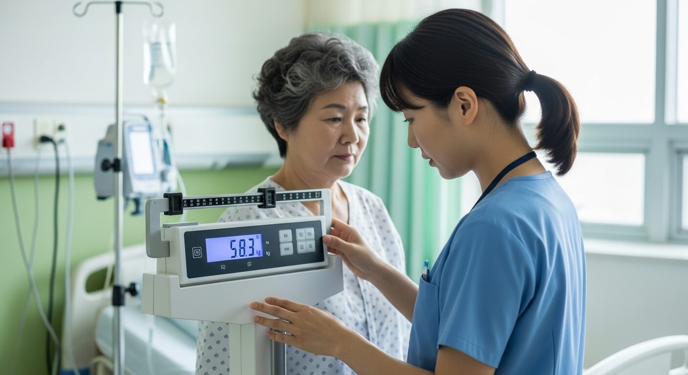 노인 여성이 병원에서 체중을 측정하는 모습