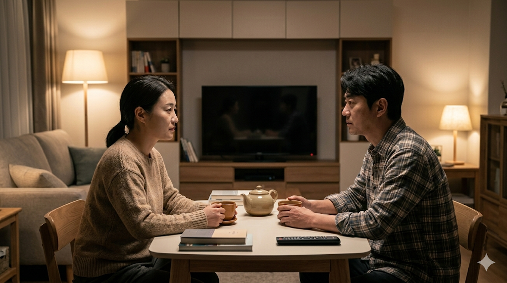 이숙캠 무속부부와는 달리, 자극적인 예능이 나오던 TV 화면이 까맣게 꺼진 후, 거실 테이블에 마주 앉아 차를 마시는 부부