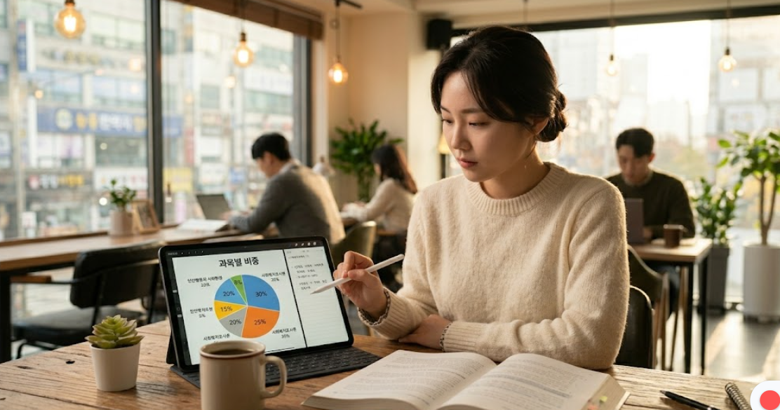 카페에서 태블릿으로 과목별 비중 차트를 분석하고 있는 여성