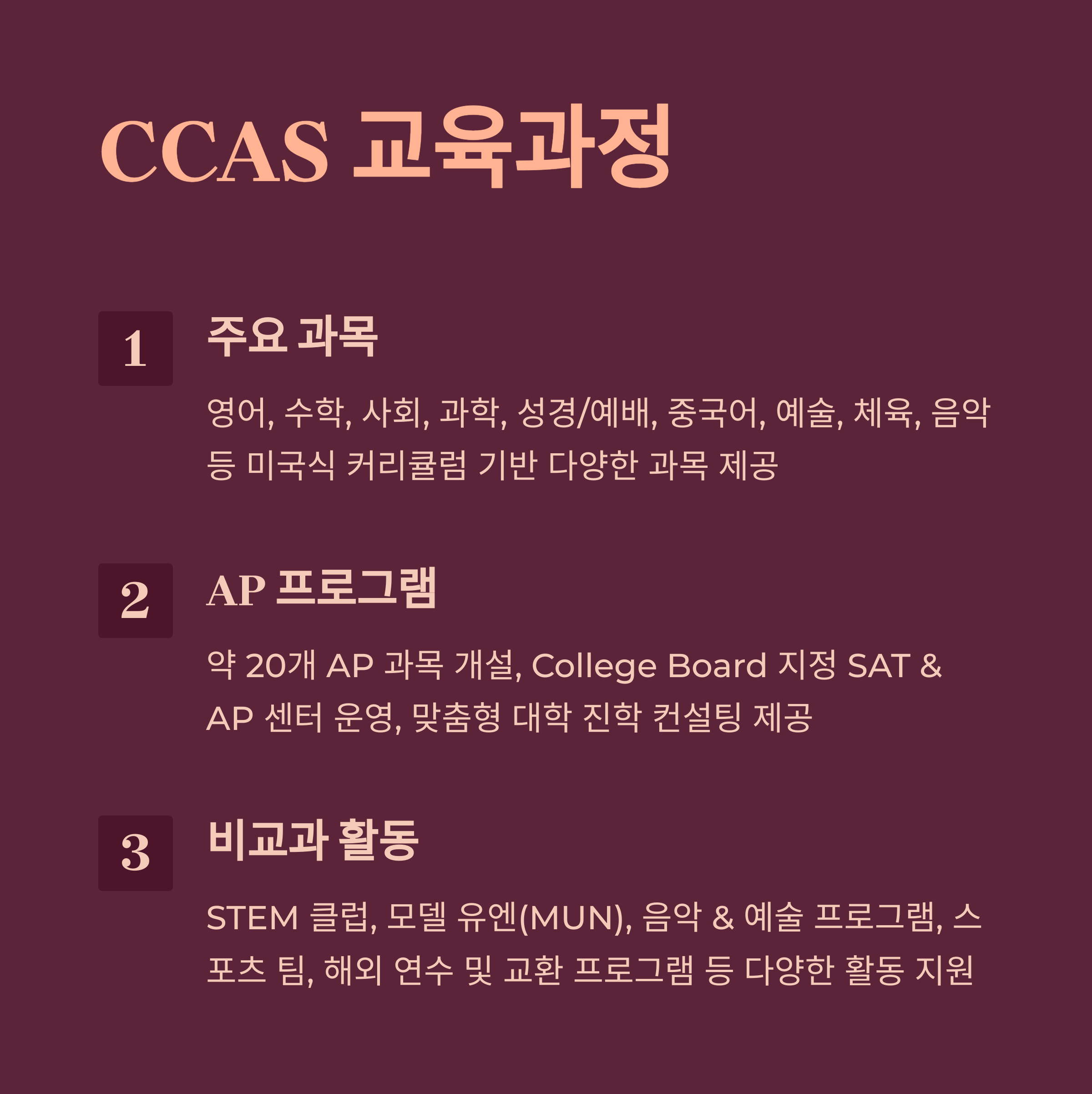 코너스톤 서울 아카데미(CCAS) 교육과정 – 주요 과목, AP 프로그램, 비교과 활동 소개