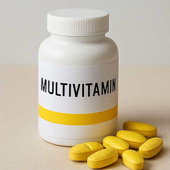 노란 알약이 든 갈색 병, 흰색 멀티비타민 병, 오렌지색 젤리형 비타민이 담긴 유리볼