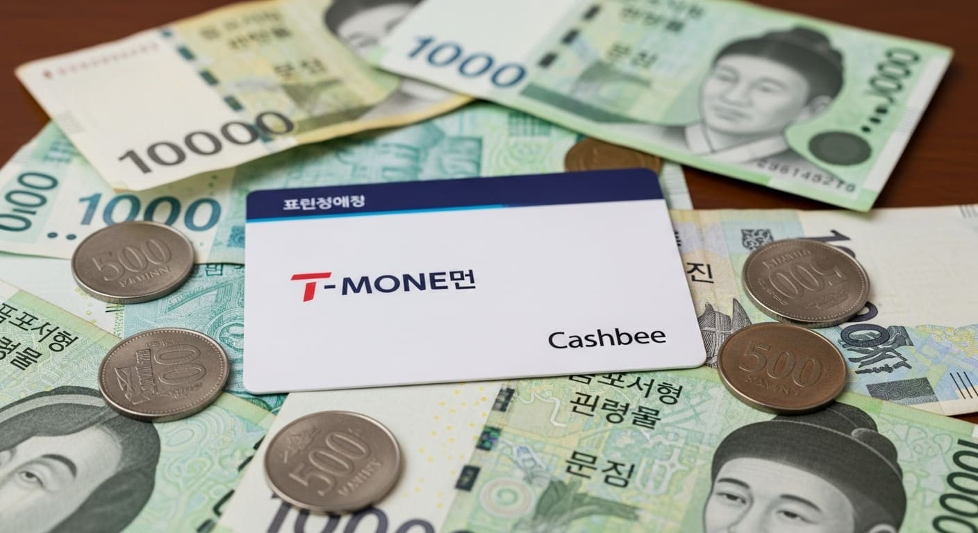 두 장의 티머니 카드 사이에서 잔액을 교환하는 모습