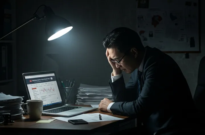 증권사 파산 뉴스에 걱정하는 정장을 입은 투자자