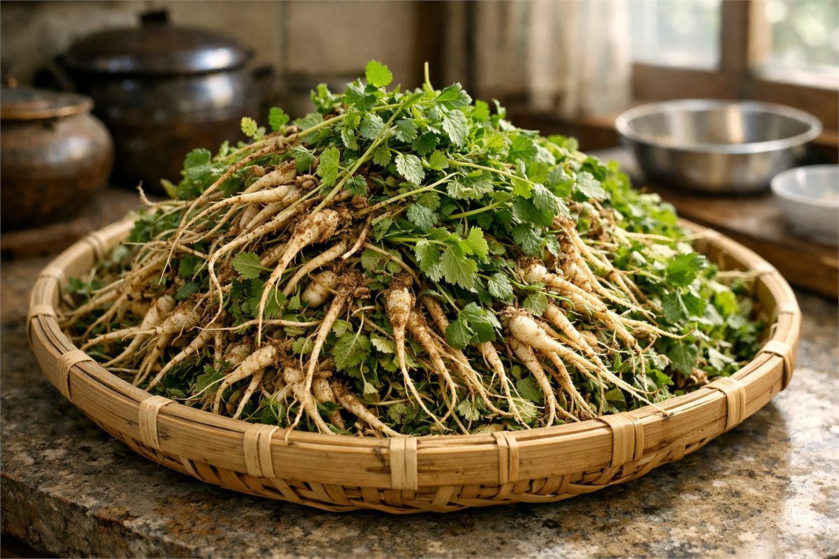 손질 전 작은 잎과 뿌리가 선명한 신선한 냉이 묶음 