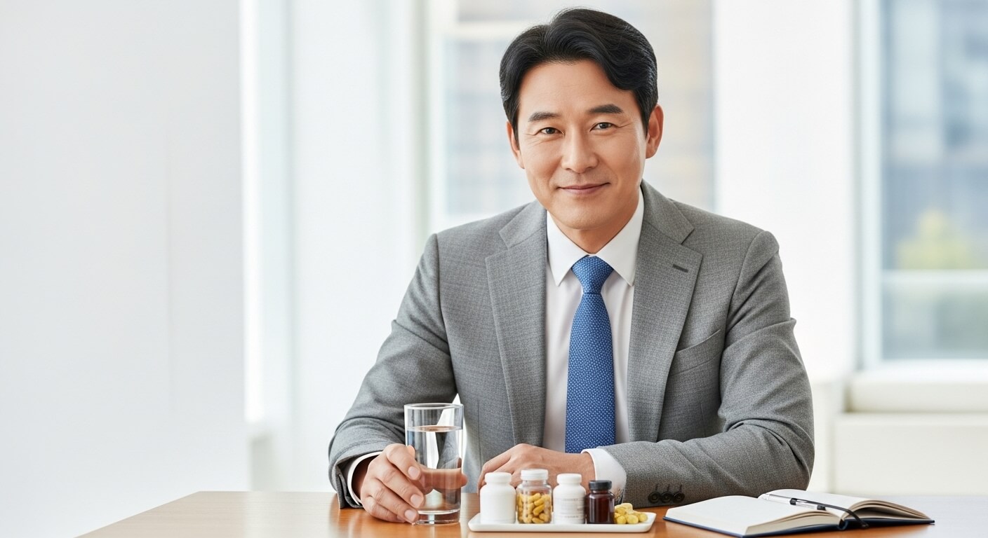 활력 넘치고 건강한 모습의 4050대 한국 남성이 영양제와 물을 옆에 두고 편안하게 미소 짓고 있는 모습