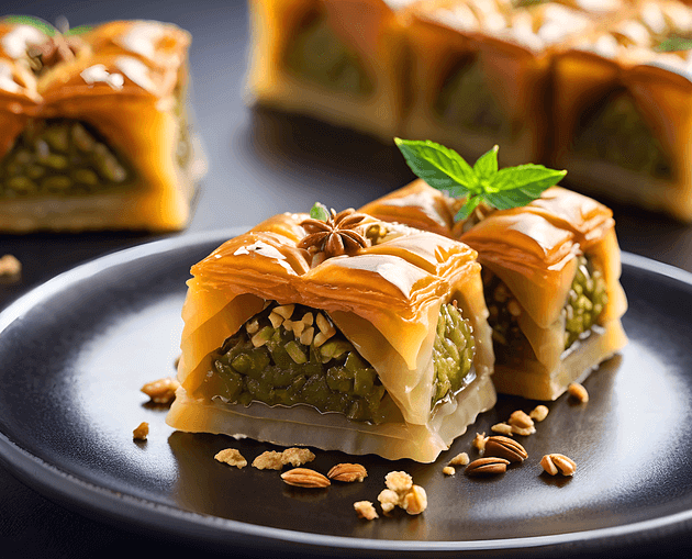 검정 접시에 2개의 네모난 디저트 떡이 있다. 겉은 갈색이고 속엔 씨앗들이 들어있다.