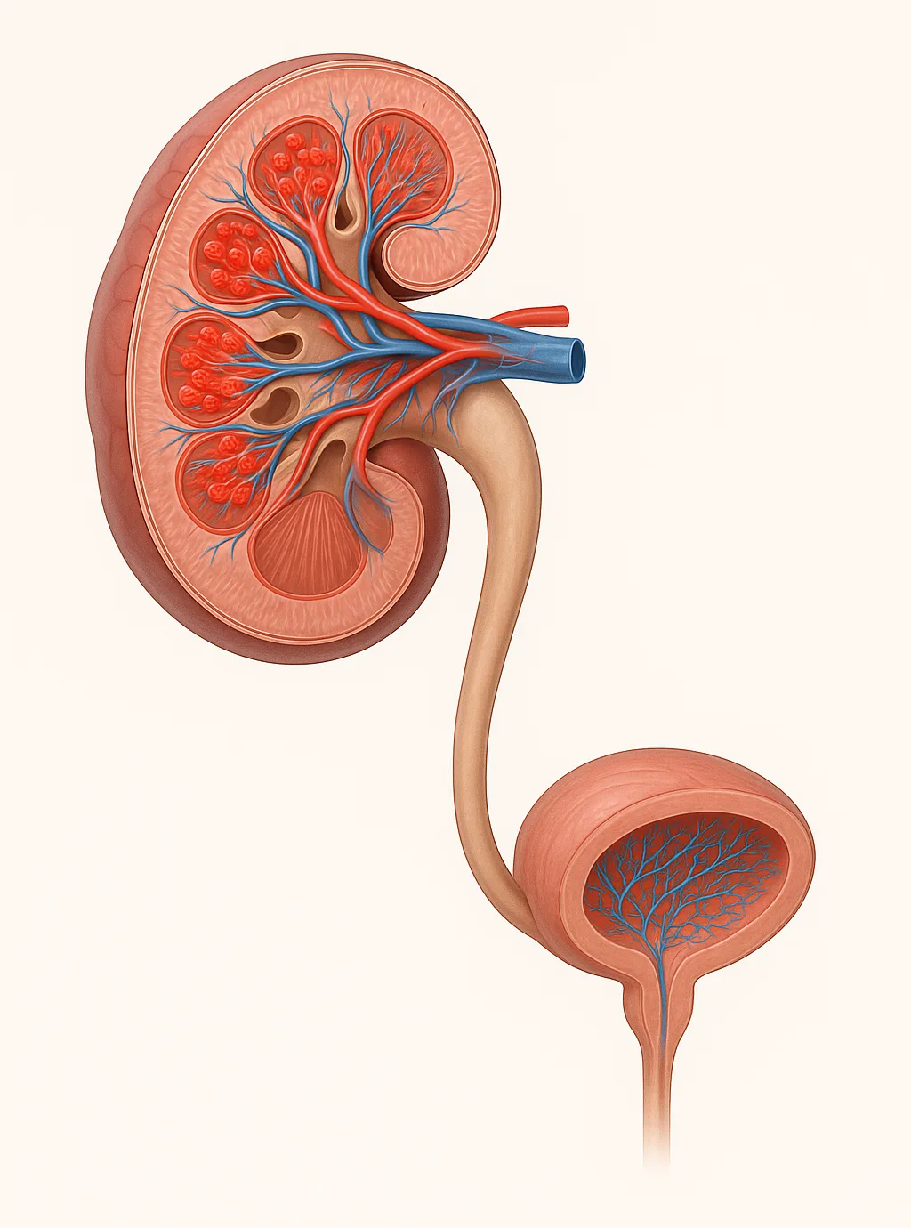 신장·요관·방광을 3D 투시도로 보여주며 사구체·요로 혈관망을 강조한 다이어그램